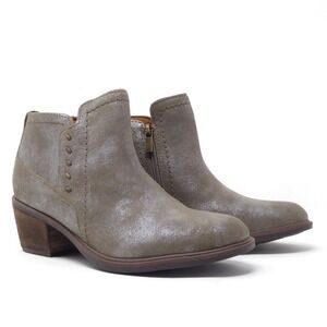 Clarks Neva Lo Metallic Taupe Leather Ankle Boots Women US Size 8 Block Heel Zip